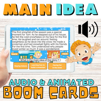 Preview of Main idea Reading Comprehension Boom Cards Animated Stories