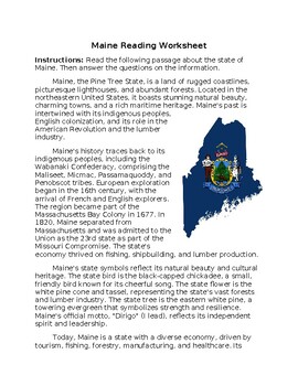 Preview of Maine State Profile & History Reading Worksheet w/Answer Key **Editable**