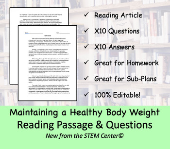 Preview of Maintaining a Healthy Weight - Reading Passage and x 10 Questions (EDITABLE)