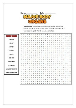 Preview of Major Body Organs: 2 Science Puzzles: Wordsearch & Word Scramble