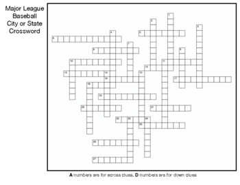 Major League Baseball City or State USA Map Crossword by Northeast
