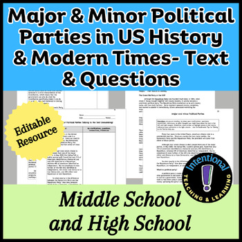 Preview of Major & Minor Political Parties in US History & Modern Times- Text & Questions