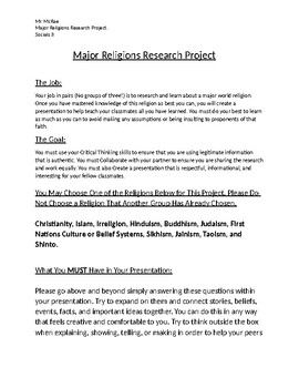 Preview of Major Religions Research Project.