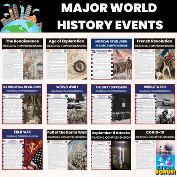 Preview of Major World History Events Reading Comprehension Bundle | World History Events