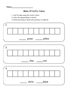 Make 10 or Complements of 10 Unifix Cube Worksheet by 1st Grade Teach