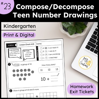Preview of Make Teen Numbers Ten & Ones Worksheet L23 Kindergarten iReady Math Exit Tickets