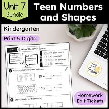 Preview of Kindergarten Make Teen Numbers, 2D and 3D Shapes Worksheets Unit 7 iReady Math