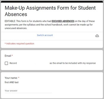 Preview of Make-Up Assignments Form for Student Absences