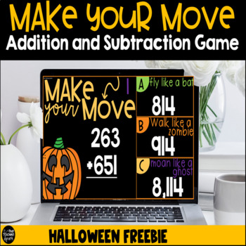 Preview of Halloween 3 Digit Addition and Subtraction Freebie Make Your Move Digital Game