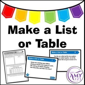 Preview of Make a List or a Table Problem Solving PowerPoint, Task Cards and Worksheet