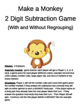 Preview of Make a Monkey 2 Digit Subtraction With and Without Regrouping Games