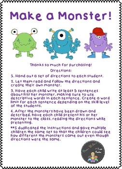 Preview of Make a Monster! 1st Grade Reading/Descriptive Writing Activity