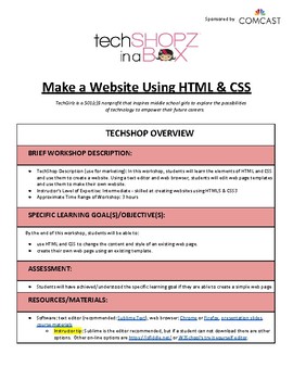 Preview of Make a Website Using HTML/CSS - TechGirlz Workshop Plan