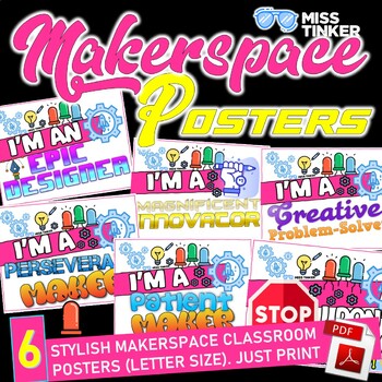 Preview of Makerspace Classroom Posters, STEM Posters, Growth Mindset, Just Print!