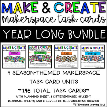 Preview of STEM Makerspace Task Card Activities Bundle | Spring Summer Fall Winter