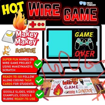 Preview of Makey Makey Hot Wire Game and Scratch Coding Task Cards, Google Slides& Video