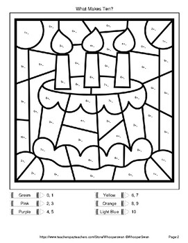 making 10 addition color by number coloring worksheets birthday