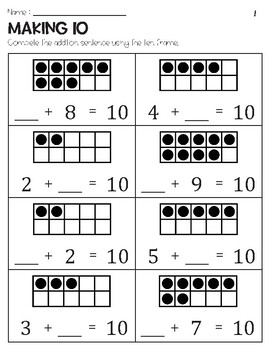 Making 10 Addition with Ten Frame Worksheets by Owl School Studio
