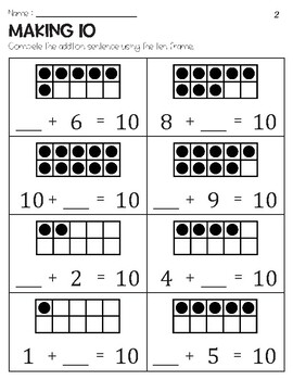 Making 10 Addition with Ten Frame Worksheets by Owl School Studio