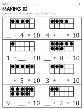 Making 10 Addition with Ten Frame Worksheets by Owl School Studio