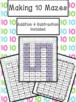 Preview of Making 10 Math Maze FREEBIE! Addition and Subtraction to 10 Worksheets