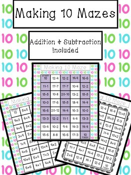 Preview of Making 10 Maze - Addition and Subtraction to 10 Worksheets, Kindergarten Grade 1