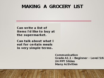 Preview of Making A Grocery List - Communication Grade A1.1 - Beginner – Level 5/6  24 PPT