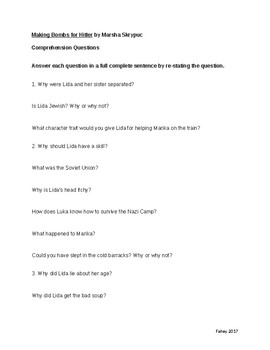 Preview of Making Bombs for Hitler by Marsha Skrypuch: Chapter Comprehension Questions