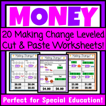 Preview of Making Change Cut and Paste Worksheets Money Special Education Functional Math