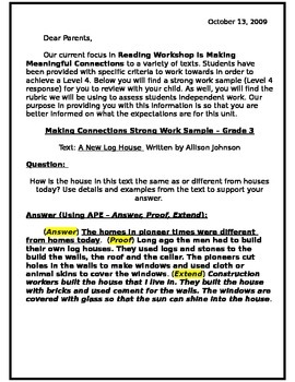 Preview of Making Connections Letter Home, Rubric and Strong Work Sample