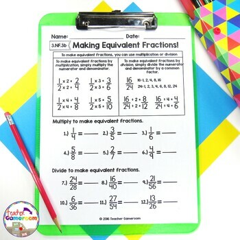 fraction mini set making equivalent fractions worksheet by teacher gameroom
