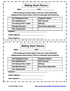 Making Good Choices-Behavior slips to send home by Megan Veldhuizen