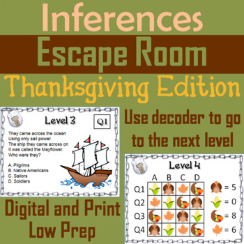 Preview of Making Inferences and Drawing Conclusions Thanksgiving Escape Room ELA