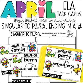 Preview of Making Plurals with Y April Task Card Activity ELA Centers, Scoot, Morning Tubs
