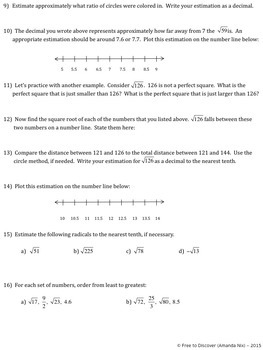 Estimating Square Roots Discovery Worksheet and Number Line Activity