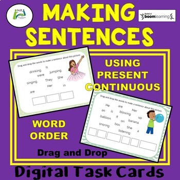 Preview of Making Sentences Using Present Continuous Boom Distance Learning Task Cards