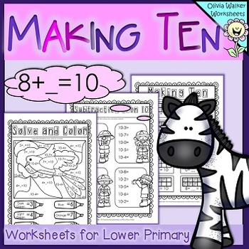 Preview of Making Ten - Includes Tens Frames  Number Lines  Cut and Paste Fill in the gaps