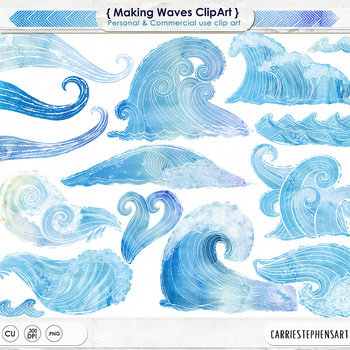 Preview of Water ClipArt, Blue Watercolor Wave Clip Art, Summer, Beach, Ocean