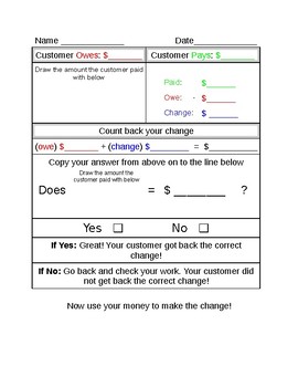 Preview of Making change and counting back worksheet