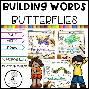 Preview of Building Words BUTTERFLIES | Kindergarten Vocabulary Writing Center | Life Cycle