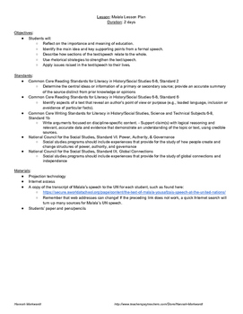 Preview of Malala Lesson Plan: Analyzing Speeches