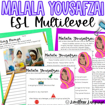 Preview of Malala Mutlilevel texts for ESL beginner through advanced grades 6-12