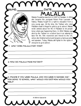 Preview of Malala No-Prep differentiated Worksheet - Women's History Month
