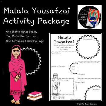 Preview of Malala Yousafzai Activity Package- Printable Sketch Notes, Journals, Poster