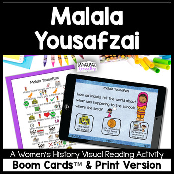 Preview of Malala Yousafzai | BOOM CARDS™ and PRINT worksheets Women's History Visual Story