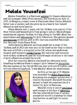 Preview of Malala Yousafzai Reading Comprehension with Differentiated Worksheets!