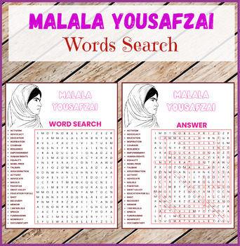 Preview of Malala Yousafzai Word Search Puzzle/Women's History Month/Vocabulary Worksheet.