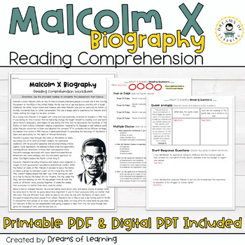 Preview of Malcolm X Biography Reading Comprehension Worksheet | Black History Month