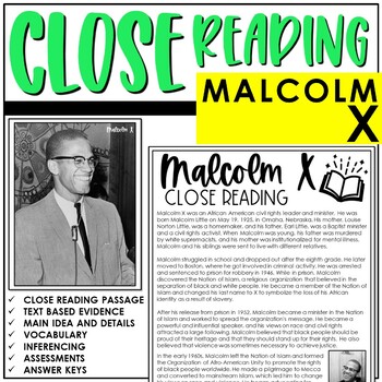 Preview of Malcolm X Close Reading | 3rd-6th Grade | Black History Month