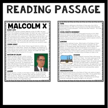 Malcolm X Biography Reading Comprehension Worksheet Black History Civil